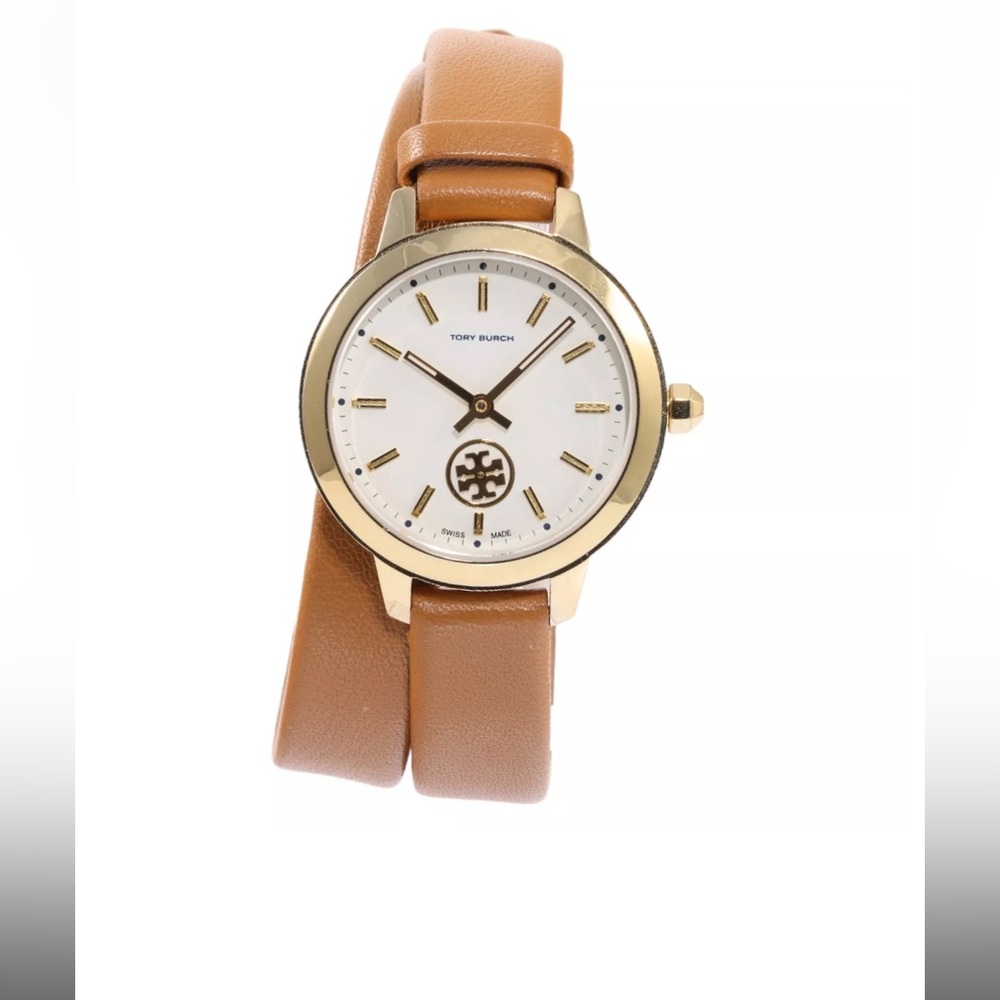 Tory Burch Collins Double Wrap Gold Case Brown Leather Womens 32mm Watch TBW1304